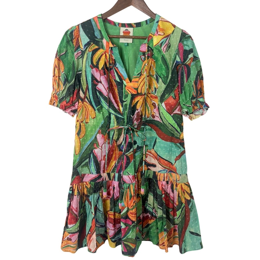 Farm Rio Tropical Print Dress Womens XS Green Swiss Dot Beaded Tassel Vacation